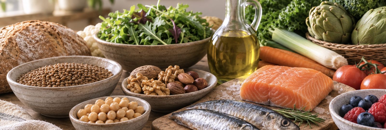 Alimentos frescos de la dietética energética china -verduras, pescado, legumbres y frutos secos- sobre una mesa de madera