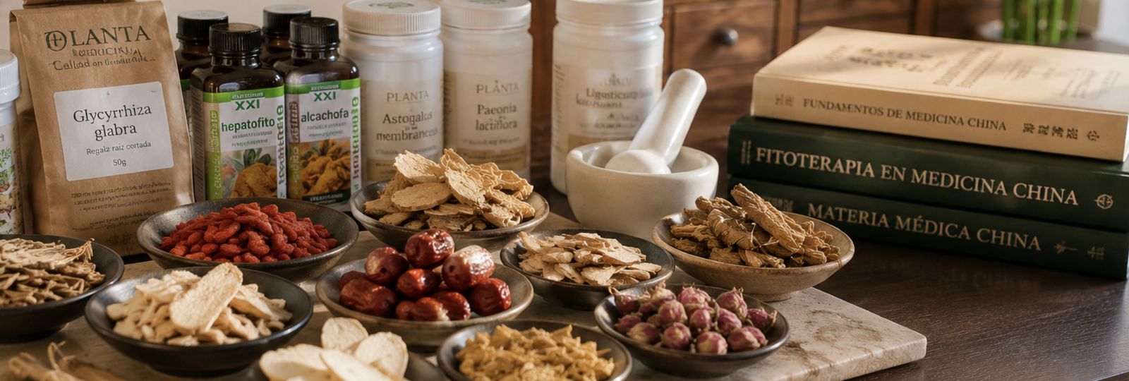 Plantas y fórmulas de la farmacopea china junto a libros de fitoterapia y materia médica china