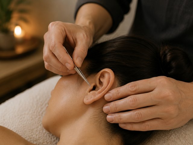 Colocación de semillas de auriculoterapia en la oreja durante una sesión