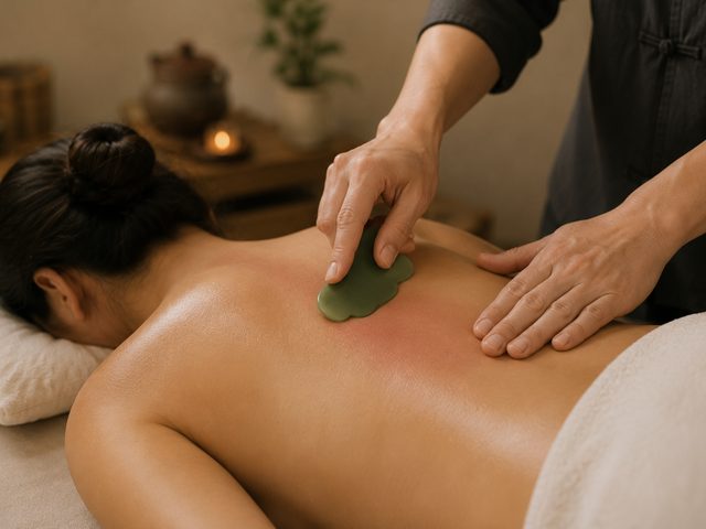 Aplicación de gua sha con herramienta de jade sobre la espalda